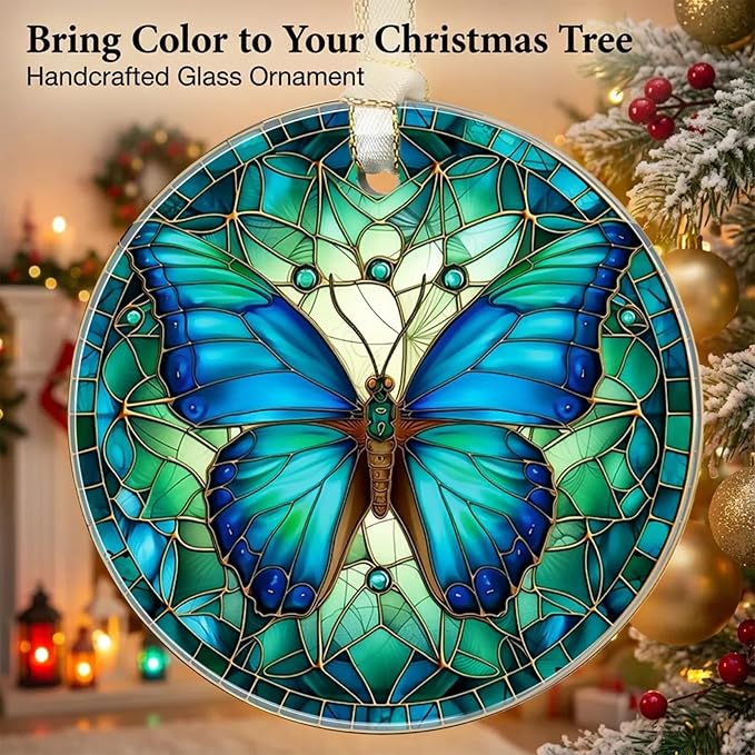 Christmas Ornaments 2025, Stained Glass Christmas Tree Decorations, Exchange for Women, Men, Collectible Dated Year Ornaments for Tree - Glass Hanging Ornamen（Butterfly）