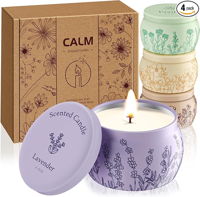 Scented Candles for Mom, 17.6oz Romantic Candles for Women Girl Candle Set, 120H Burning, Soy Candle for Home Scented, Christmas, Birthday, Lavender | Vanilla | Rose & Sandalwood | Jasmine -4 Pack