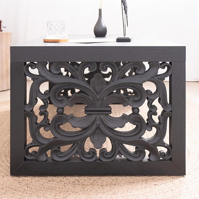 Rectangular Coffee Table with Handcrafted Ornate Side Panels, Rustic Center Table with Solid Wood Veneered, Farmhouse Tea Table for Living Room Office Apartment,47.2" L x 23.6" W x 17.9" H