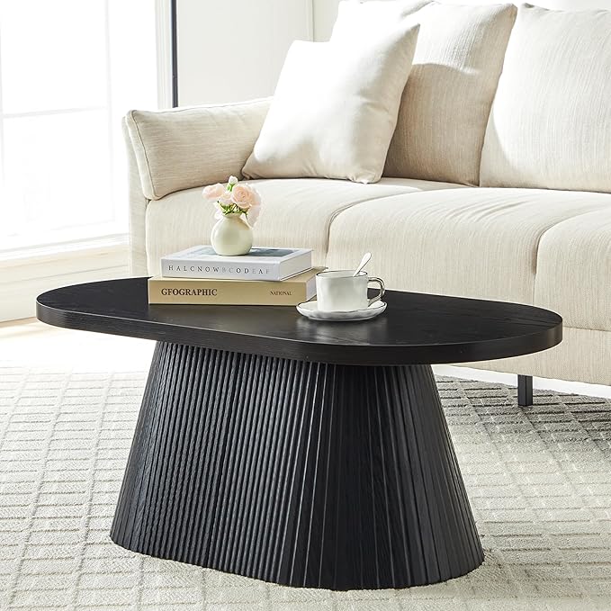 Fluted Coffee Table with Sturdy Tapered Base, Wood Oval Small Coffee Table, Mid Century Modern Center Table for Living Room Office (Black)