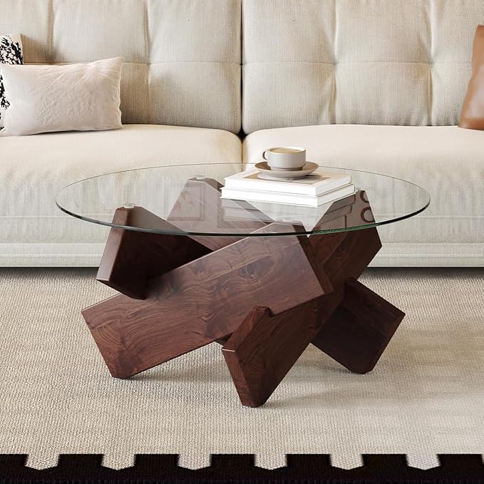 Walnut Round Glass Coffee Table,33-Inch Coffee Tables for Living Room Clear Circle Accent Table Adapts to Farmhouse and Contemporary Decor