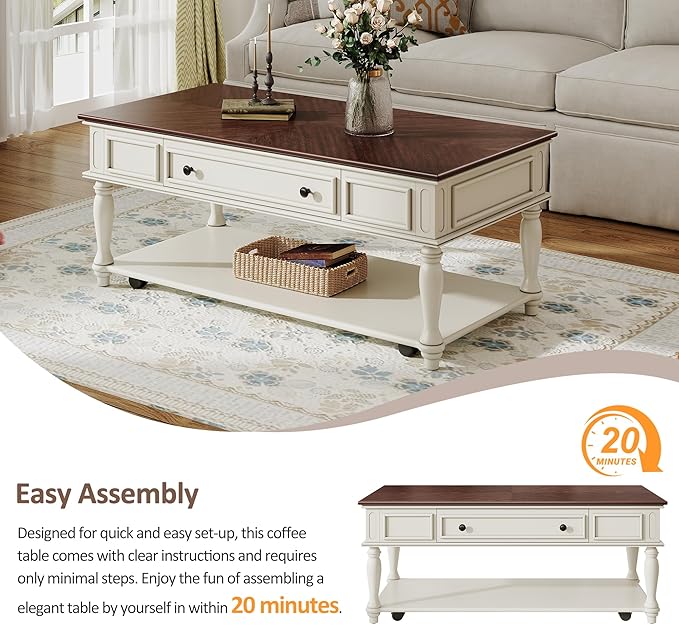 Polibi Coffee Table with Large Storage Drawer, Retro Movable Rectangular Cocktail Table with 4 Caster Wheels for Livingroom, Easy Assembly (Walnut+White)