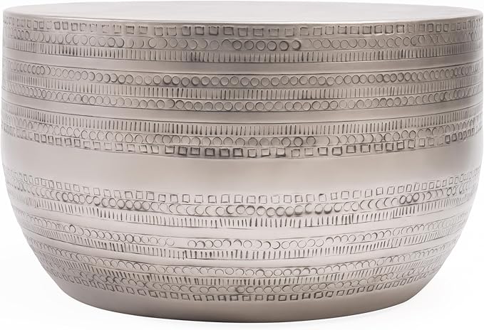 Modern Round Aluminum Hammered Embossed Texturing Metal Drum Coffee Table, Hand-Stamped Iron, Boho Accent Cylinder Drum Coffee Table, Cocktail Table, for The Living Room and Bedroom, Silver