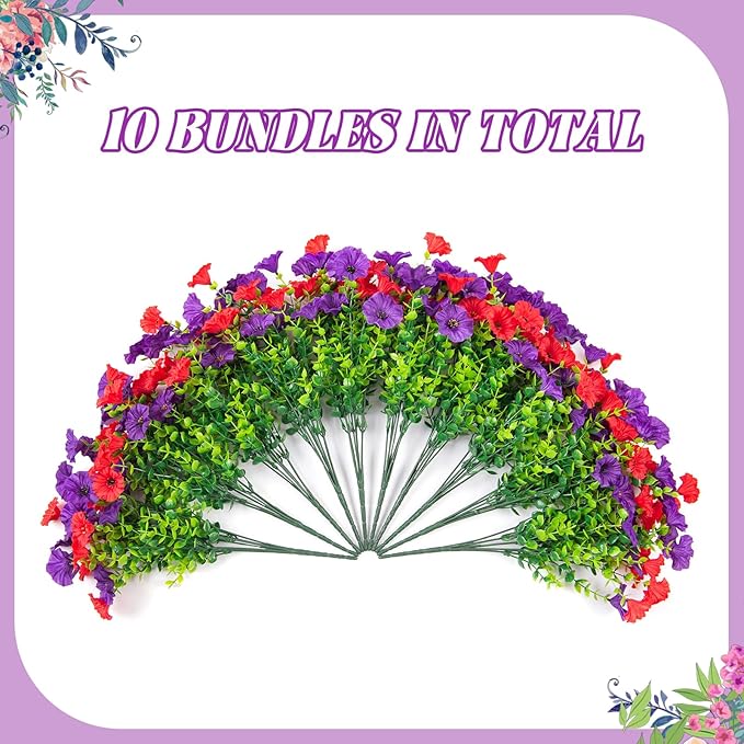 Artificial Flowers for Outdoors Decoration, 10 Bundles Fake Plastic Flower Plant, Faux Colorful Silk Morning Glory Eucalyptus for Spring Summer Outside Garden Porch Front Door Decor, Red Purple