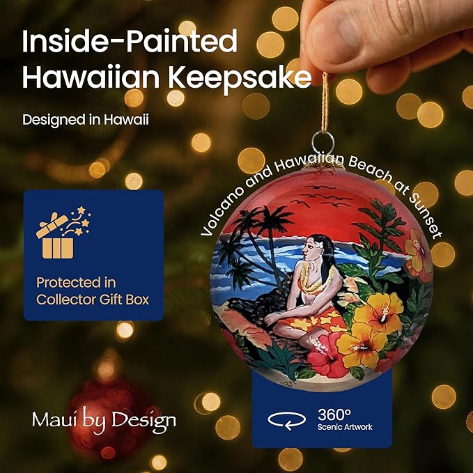 Collectible Hawaiian Glass Ornament Hand-Painted with Volcano and More with Gift Box VS/H