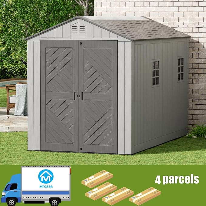 6x11 FT Storage Shed with Floor,HDPE Resin Outdoor Storage Shed Weather Resistant,Lockable Garden Sheds with Windows for Home/Garden Tools/Backyard/Lawn Mower/Bike Storage(Gray)