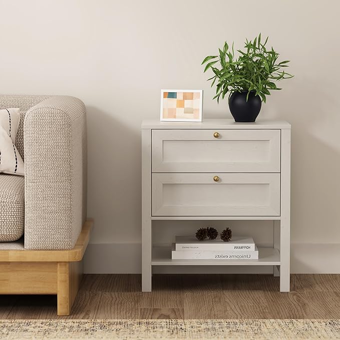 End Tables Set of 2 with 2 Drawers, Farmhouse Nightstand with Open Shelf, Modern Bedside Cabinet Side Table Night Stand for Bedroom, Living Room, Antique White