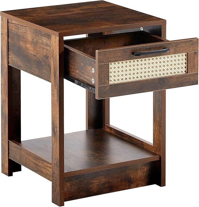 Rattan Nightstand - Wooden Boho End Table with Storage Drawer and Opening Shelf, Bedside Tables Bed Side Table Accent Table for Living Room, Bedroom Small Space