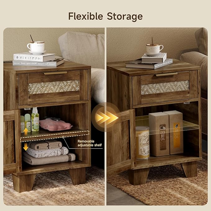 ONBRILL End Table with Storage & Charging Station, Farmhouse Wood Night Stand with Drawers, Adjustable Shelf, Bed Side Tables for Small Space, Living Room, Bedroom, Brown