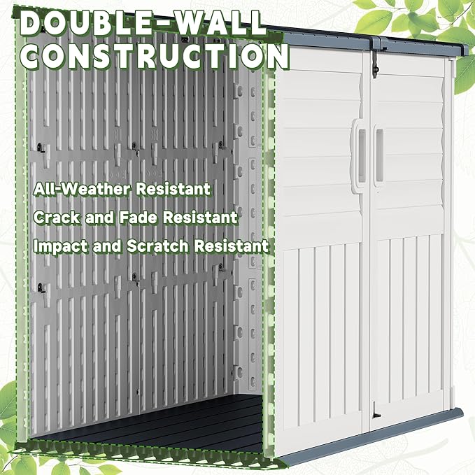 Devoko Resin Outdoor Storage Shed, 34 Cu Ft Outdoor Storage Cabinet with Shelf, Waterproof, Double Locks, Resin Storage for Trash Can, Garden Tools, Pool Supplies (Beige)