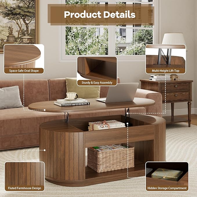 Lift Top Coffee Table, Oval Fluted Coffee Table with Storage for Living Room, Mid Century Modern Wooden Center Tables with 2 Tier Shelf, 43 Inch Tea Table Hidden Compartment for Home Office, Walnut