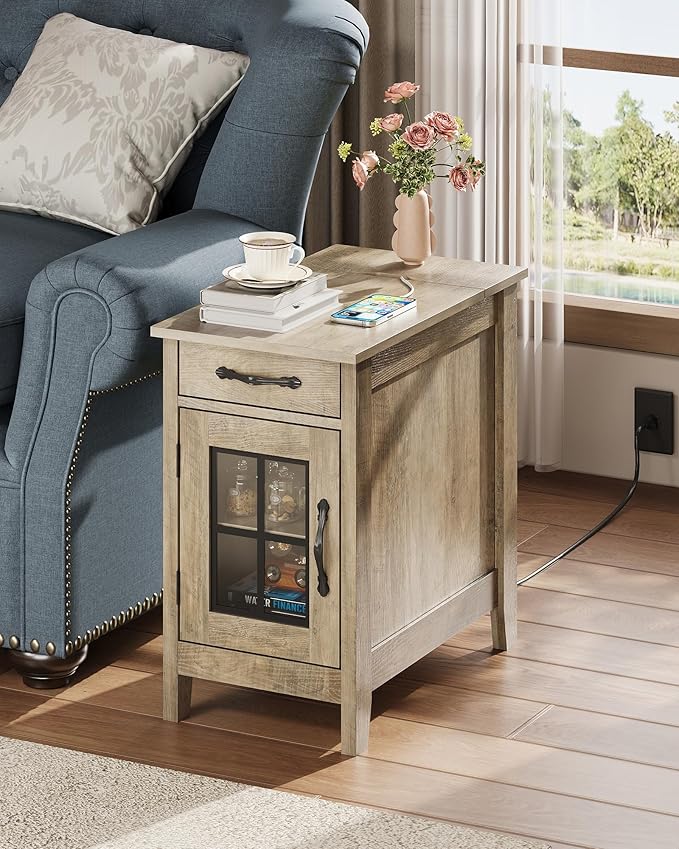 WLIVE End Table with Charging Station, Narrow Side Table for Living Room, Farmhouse Night Stand with Storage, Small Wooden Cabinet Nightstand with USB Ports and Outlets, 23.7" D x 13.78" W x 23.7" H