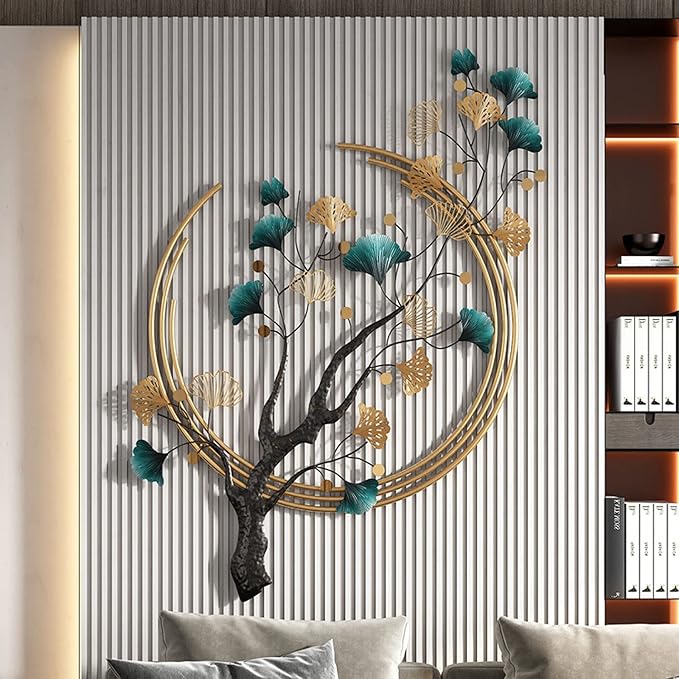 Futyli Large Metal Wall Art - 3D Modern Wall Sculptures, Vertical 53" Ginkgo Leaf Art for Living Room, Dining Room, Bedroom