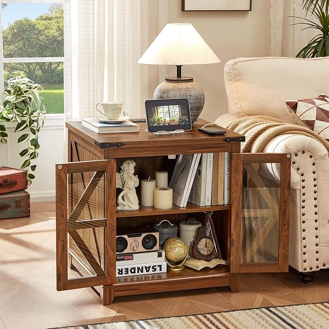 Farmhouse End Table Set of 2,24" Large Sofa Side Table with Charging Station Glass Barn Door,Wood Nightstand with Adjustable Storage Shelf,Square Bedside Table for Living Room,Bedroom,Office-Brown