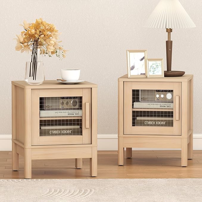 Bonzy Home End Table Set of 2, Modern Nightstand with Acrylic Doors and Storage Shelves, Square Side Table for Living Room, Bedroom, Oak