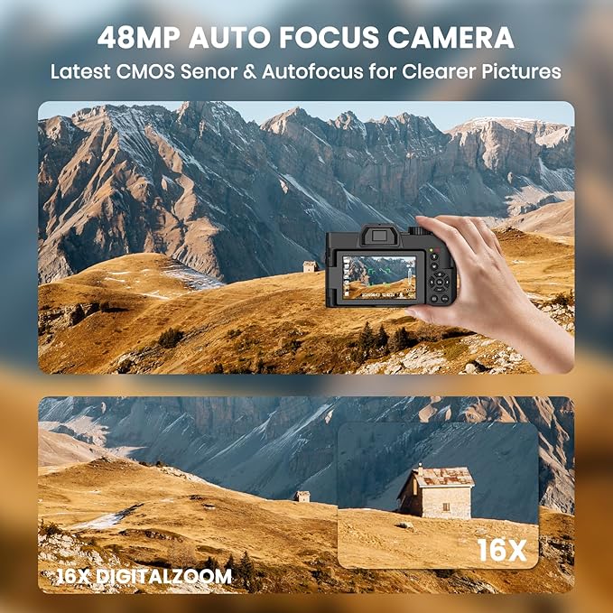 48MP Digital Camera 4K Video 3-Inch LED Display 16X Optical Zoom Auto Focus 180° Flip Screen, 4K Vlogging Cameras Fotograficas for YouTube with 32GB TF Card, 2 Batteries Black