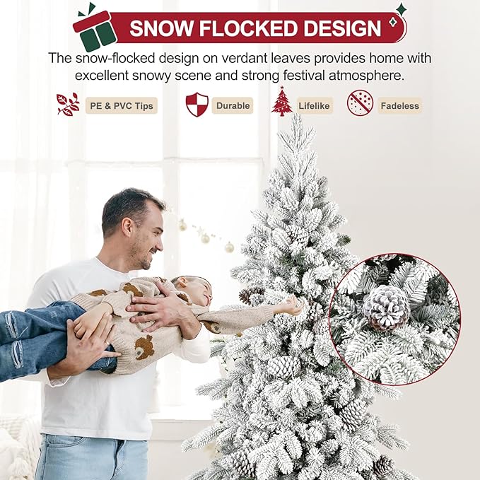 6.5 FT Snow Flocked Slim Fir Christmas Tree with 1085 PE & PVC Mixed Branch Tips,Unlit Artificial Skinny Pencil Xmas Tree with 37 Pine Cones,Hinged Premium Xmas Trees for Home,Office,Party Decoration