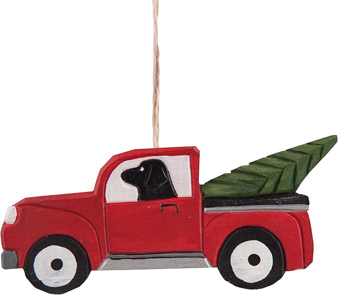 Gallerie II Black Lab in Pickup Truck with Christmas Xmas Tree Wood Carved Ornament Red