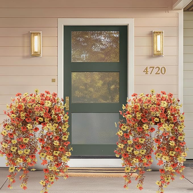 Geegoods Artificial Mum Flowers for Outdoors, 4Pcs Hanging Flowers Plants UV Resistant Realistic Silk Flowers for Outside Patio Porch Garden Yard Balcony Fall Decor