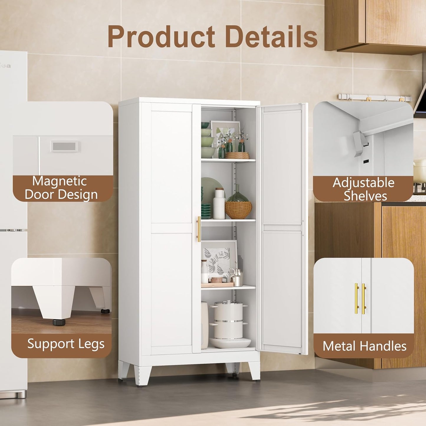 Metal Kitchen Pantry Storage Cabinet with 2 Doors and 3 Adjustable Shelves,Pantry Cabinet with Adjustable Leveling Foot for Kitchen, Living Room, Dining Room（White）