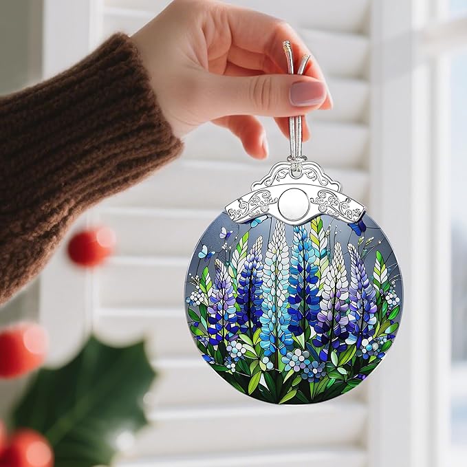 Stained Glass Ornament, Christmas Ornaments, Christmas Decorations for Tree, Holiday Ornament, Gifts for Flower Lovers, Holiday Party Gifts, Gift Ideas & Xmas Gift - Lupine with Butterfly