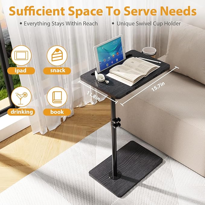 TV Tray Table, Adjustable C Shaped End Table for Couch, 360°Swivel Couch Side Tables That Slide Under Couch Desk Tray Tables for Small Space Sofa Bed Living Room Bedroom Bedroom(Black)