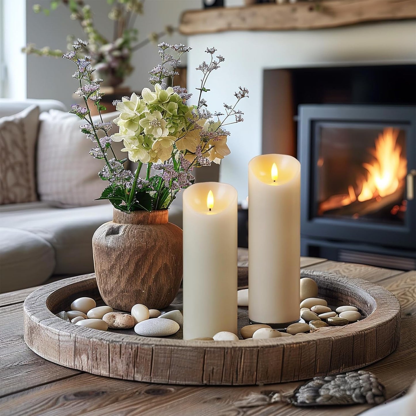 5plots 9" x 3" Flickering Flameless Candles - Battery Operated Wax LED Candles - Amber Yellow Light with Remote and Timers Set of 2, Ivory, for Home Decor, Candle Sconces