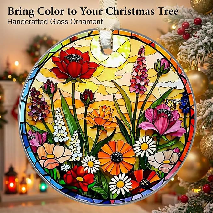 Floral Christmas Ornaments 2025, Stained Glass Christmas Tree Decorations, Exchange for Women, Men, Collectible Dated Year Ornaments for Tree - Glass Hanging Ornament