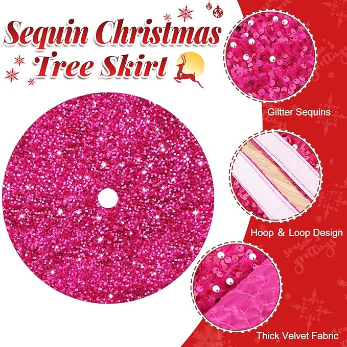 FOTSHARER Tree Skirts 60 Inch Hot Pink Christmas Tree Skirt Sequin Velvet Tree Skirt Personalized Unique Christmas Tree Skirt Pink Xmas Tree Skirt for Artificial Tree for Home Party Holiday Decoration