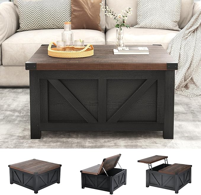 Farmhouse Lift Top Coffee Table with Storage, Wood Square Center Table with Charging Station&USB Port, Living Room Table w/Large Hidden Space, for Living Room, Bedroom, Home Office, Black