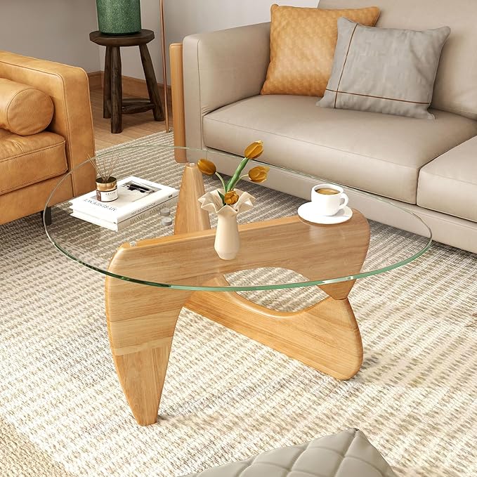 Tangkula Triangle Glass Coffee Table, Mid-Century Modern Center Table with Tempered Glass Top & Adjustable Rubber Wood Base, Small Coffee Table for Small Spaces, Living Room & Reception Room (Natural)