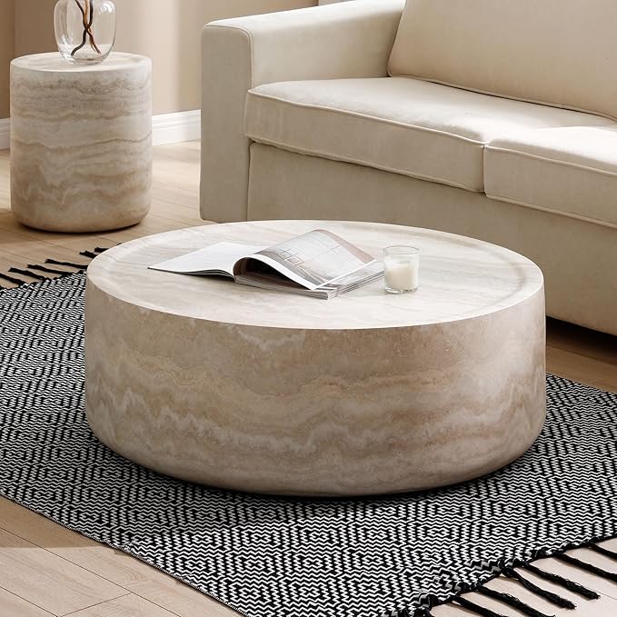 Round Mars Pattern Coffee Table for Living Room Modern Faux Stone Coffee Tables for Apartment, No Need Assembly, Fiberglass Material Faux Travertine Textured Marble Pattern (ø35.43" x 12")