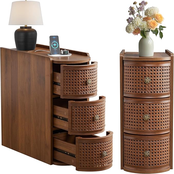 Metal Rattan Narrow End Table with Charging Station Set of 2, Farmhouse Side Table with Drawers Storage, Small Night Stand with Power Outlets and USB Ports, Sofa Side Table for Living Room - Walnut