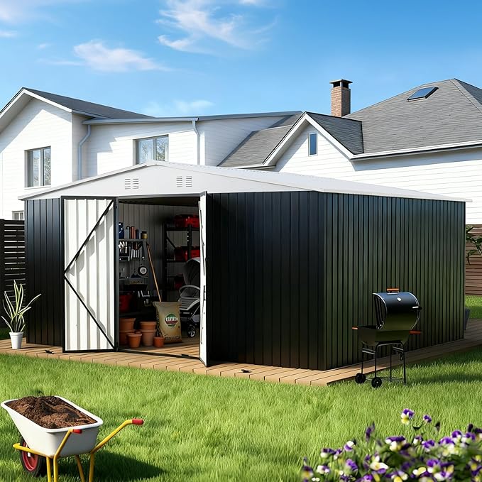 PABIMIA14X12 FT Outdoor Storage Shed, Durable Metal Outside Storage with Lockable Doors, Waterproof Storage Shed for Tools, Equipment, Ideal for Backyard Garden Patio Lawn,White