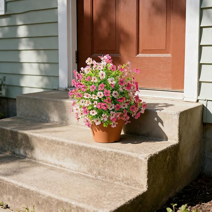 2Pcs 21" Artificial Boxwood Topiary Ball with Flowers Plants with Ground Spikes for Outdoor UV Resistant Realistic Fake Bushes Plants for Garden Yard Front Porch Patio Decor (Violet Pink Rose Red)
