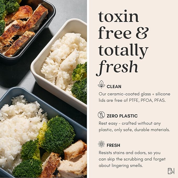 Ceramic Coated Glass Food Storage Container | No PTFE, PFOA, PFAS, and BPA | Reusable Non Toxic Meal Prep Container with Glass Lid | Easy To Store | 8 Cup Square [Smoke]