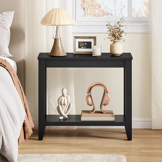 Hoctieon End Table with Double Storage Shelves, Sturdy Wooden Side Table for Living Room, Bedroom, Modern Nightstand Sofa Table for Small Spaces, Black