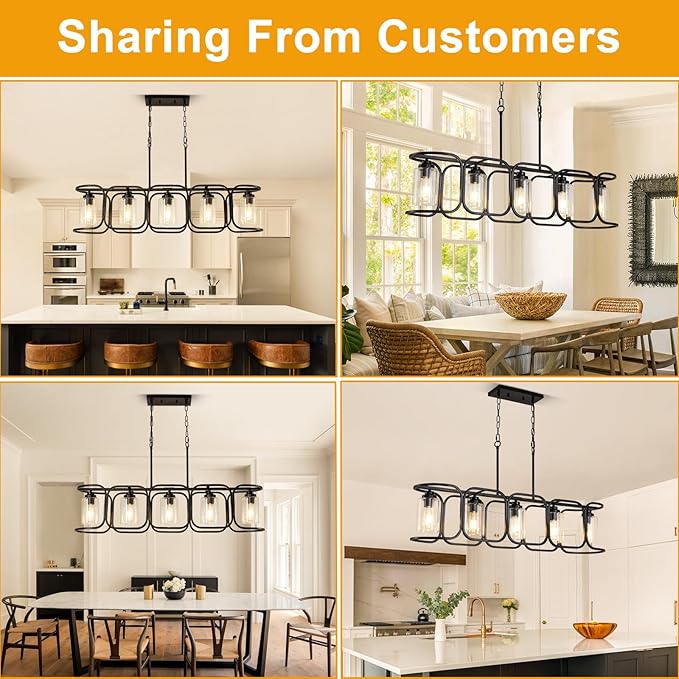 40" Dining Room Light Fixture/Chandelier Over Table, 5-Light Black Kitchen Island Lighting with Clear Glass Shade Farmhouse Linear Hanging Pendant Lights Fixture for Kitchen Island Dining Room‌ Bar