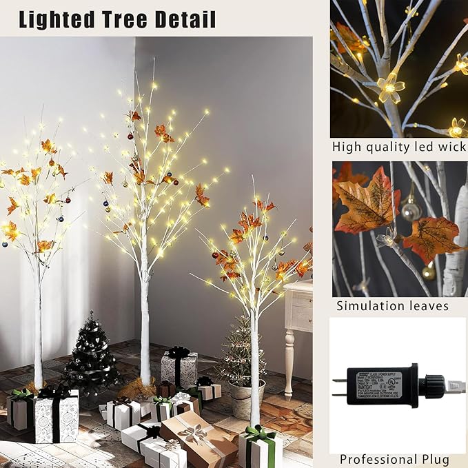 AWQM 4 Feet 5 Feet and 6 Feet Lighted Cherry Blossom Tree, Pack of 3, 200 LED Lights 24 Maple Leaves 24 Balls, for Home, Festival, Party, and Christmas Decoration, Indoor and Outdoor Use (White)