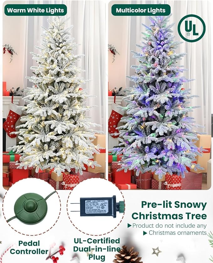 Prelit Flocked Christmas Tree 5 ft Leheyhey Frosted Artificial Christmas Tree with Multicolor Lights &1162 PE PVC Tips, White LED Xmas Tree with Snow, 9 Color Modes, Hinges, Seasonal Decor