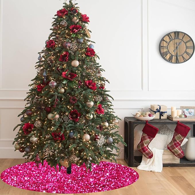 FOTSHARER Tree Skirts 60 Inch Hot Pink Christmas Tree Skirt Sequin Velvet Tree Skirt Personalized Unique Christmas Tree Skirt Pink Xmas Tree Skirt for Artificial Tree for Home Party Holiday Decoration