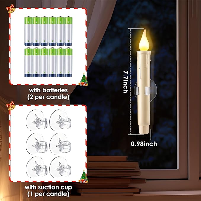 Enhon 6 Pcs Battery Operated Window Candles, Ivory LED Christmas Window Candles with Sensor Dusk to Dawn, Cordless Flameless Taper Candlestick with Battery & Suction Cup for Xmas Wedding Decorations