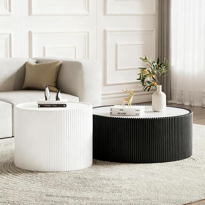 Round Living Room Table Set, 29.52" Black Drum Center Table and 17.71" White Coffee Table Set, 2 Pieces Coffee Table Set with Sintered Stone Tabletop, Fluted PU Leather Covered and StableBase