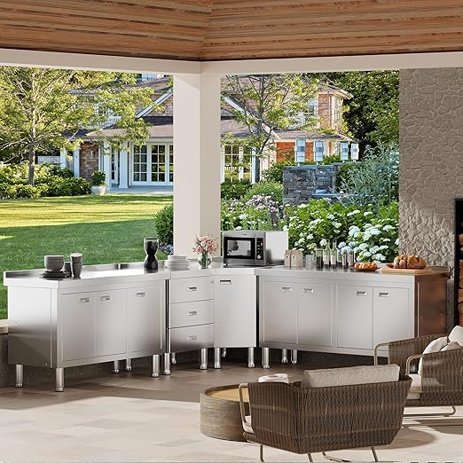 WWK Outdoor Kitchen Drawer, Stainless Steel Kitchen Cabinet with Drawers, Triple Access BBQ Drawers for Outdoor, Commercial Restaurant, Garage, 20.87" D x 19.68" W x 35.43" H