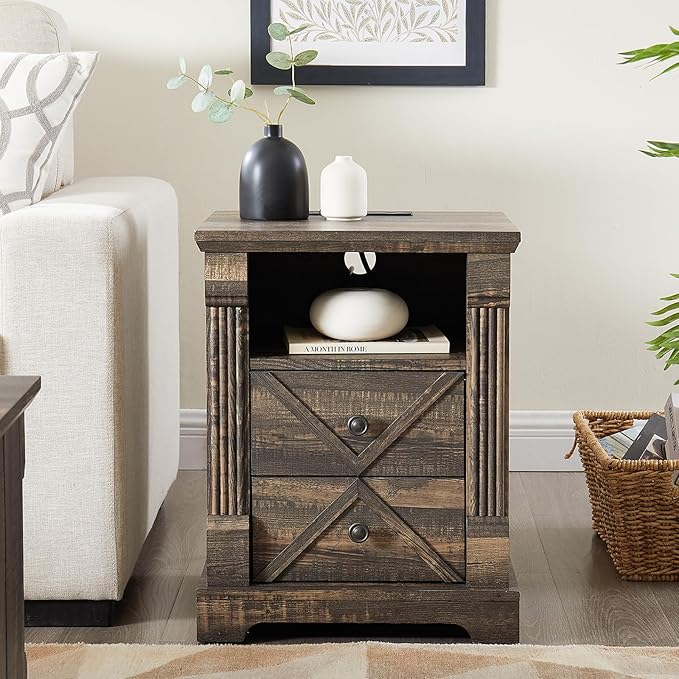 Nightstand with Charging Station, Rustic 18 Inch Farmhouse End Table with Barn Door, Wood Sofa Side Table with 2 Storage Drawers for Living Room, Bedroom, Entryway(Dark Rustic Oak)