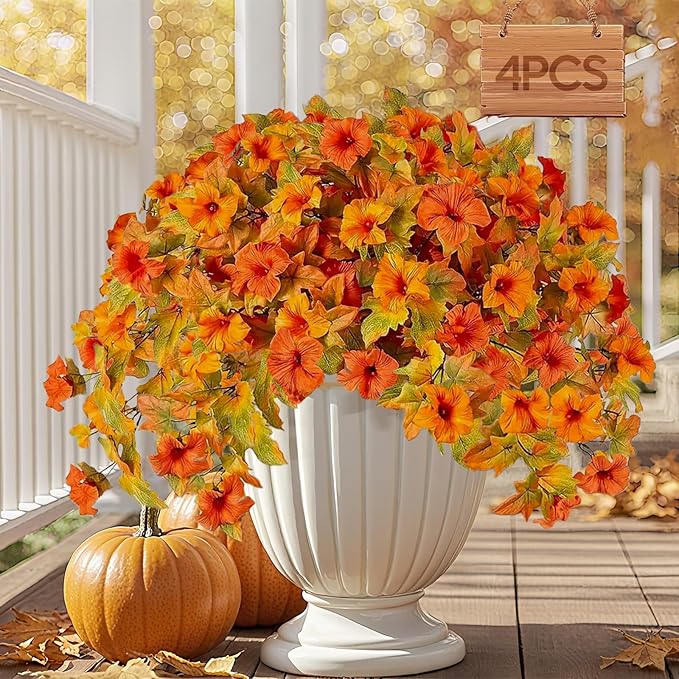 4PCS Artificial Fall Fake Flowers Plants for Outdoor Decoration No Fade Faux Petunias UV Resistant Realistic Autumn Silk Flowers for Home Garden Balcony Yard Porch Deco (Orange Yellow)