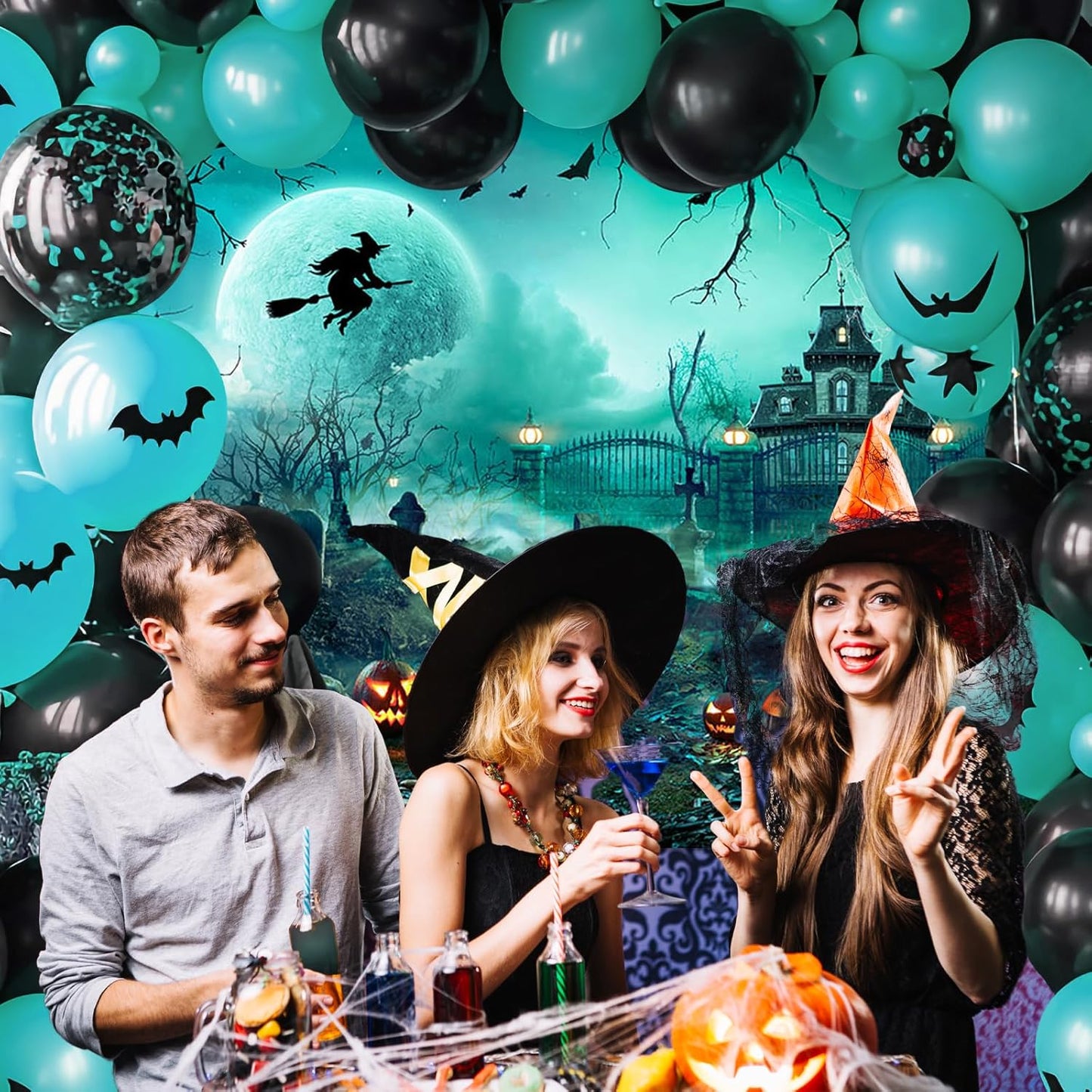 Avezano Halloween Photography Backdrop Full Moon Scary Night Castle Pumpkins Party Background Spooky Witch Bats Cemetery Child Kids Halloween Party Decorations Photoshoot Backdrops (8x6ft, Green)
