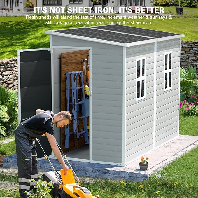 CDCASA 4x8 FT Resin Lean to Shed, Waterproof Outdoor Storage Sheds with Floor & Lockable Door & Window, Sloped Roof Outside Plastic Tool Shed for Backyard, Patio, Poolside, Lawn, Grey