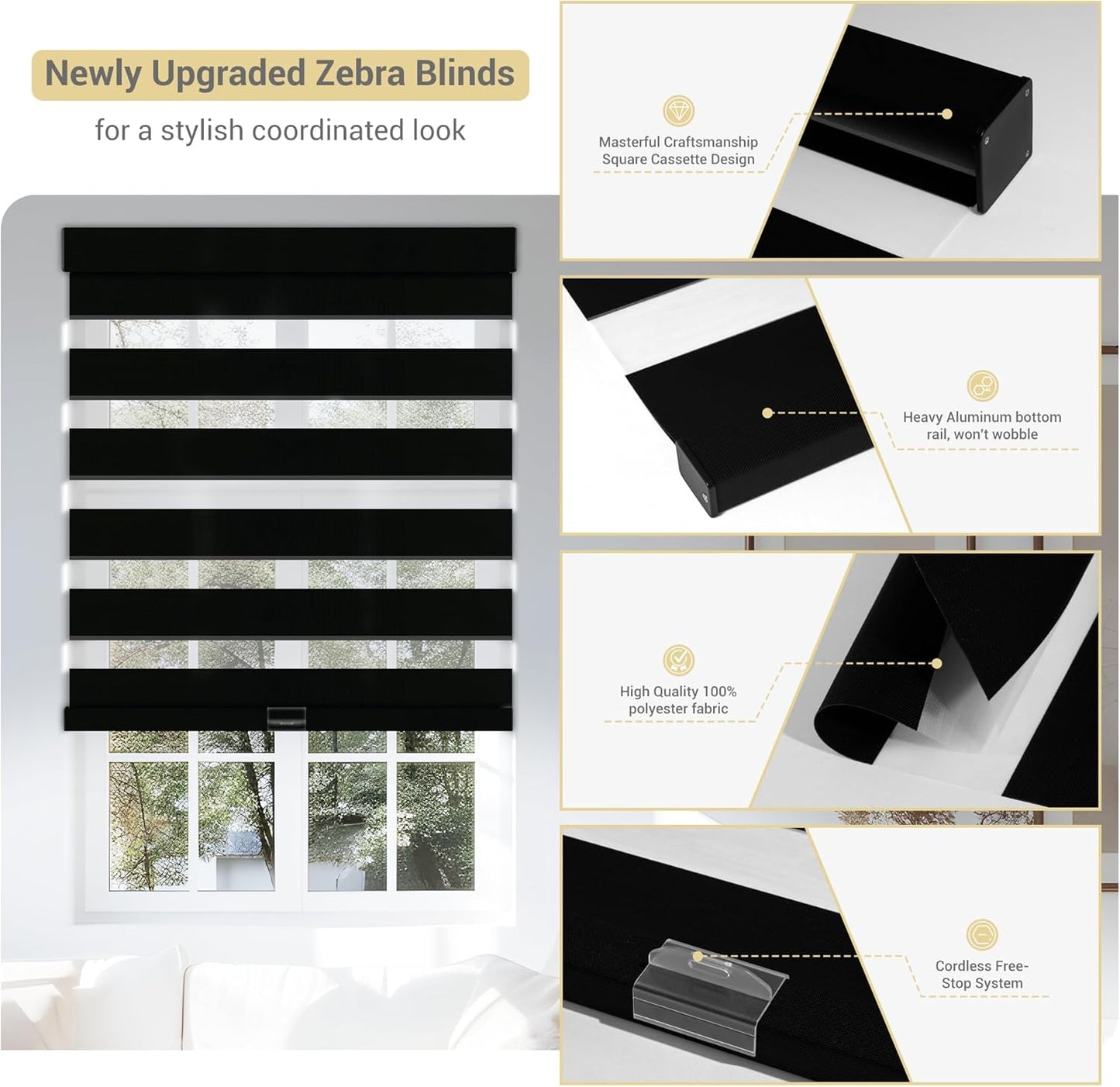 Cordless Zebra Blinds for Windows, Blackout Interior Blinds,Easy to Install,UV Protection,for Offices and Home,Custom Roller Shades, Solid Black, 81" W x 88" H