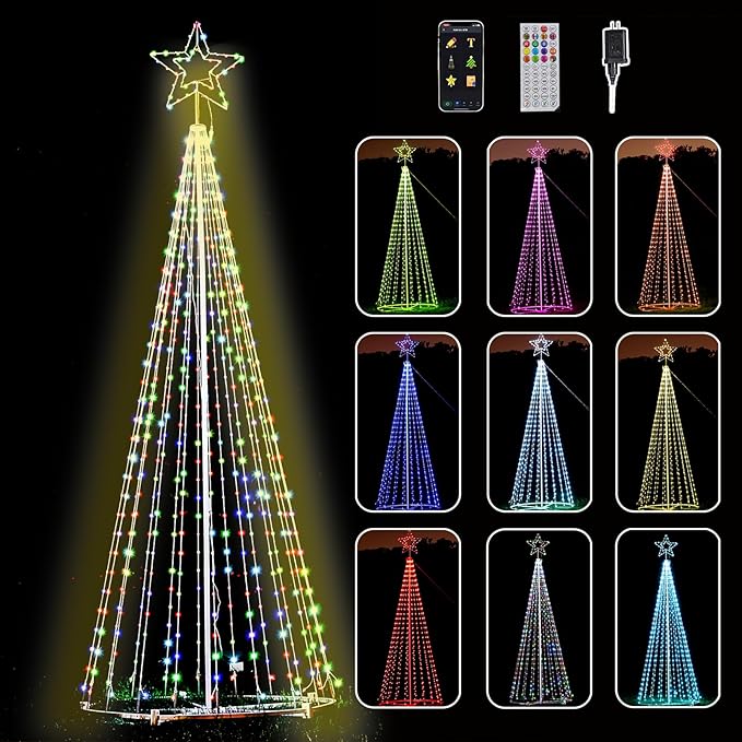12Ft RGB Outdoor Lighted Christmas Tree Lights Cone Tall Star Topped Artificial Christmas Trees Outside Decor for Xmas New Year Holiday
